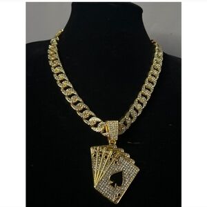 Hip Hop Iced Out Fully Rhinestone Gold Card Pendant & Cuban Chain Necklace 18"